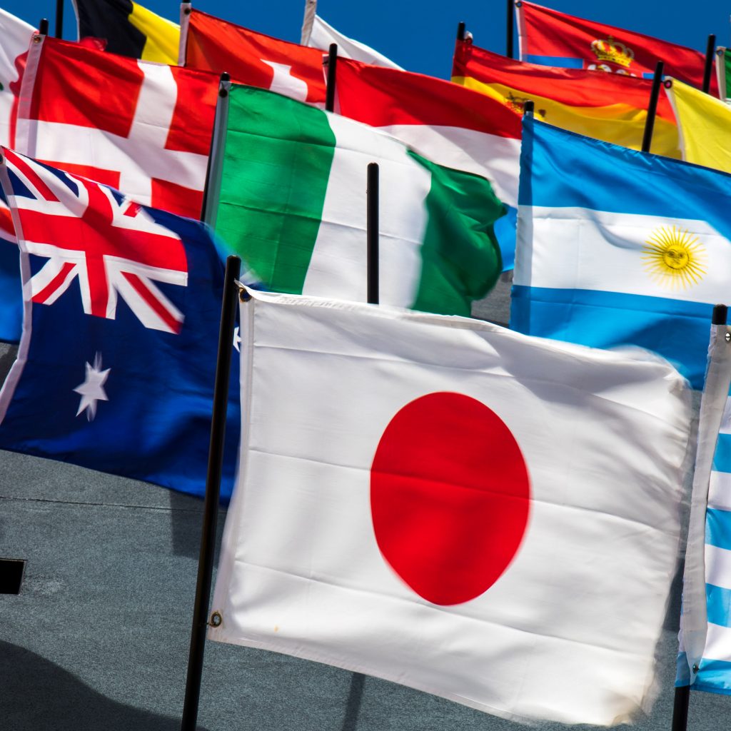 Imagen de diversas banderas indicando países con otros idiomas como Japonés, Italiano, Portugués, Ruso etc.