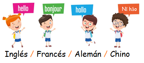 Imagen del dibujo de niños saludando en idiomas Inglés, Francés, Alemán y Chino
